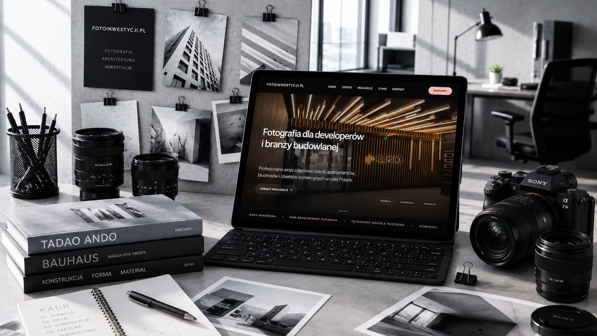 Strona Fotoinwestycji.pl na tablecie, na biurku studia OSIEMZERO z obiektywami, aparatem i wydrukami zdjęć architektury