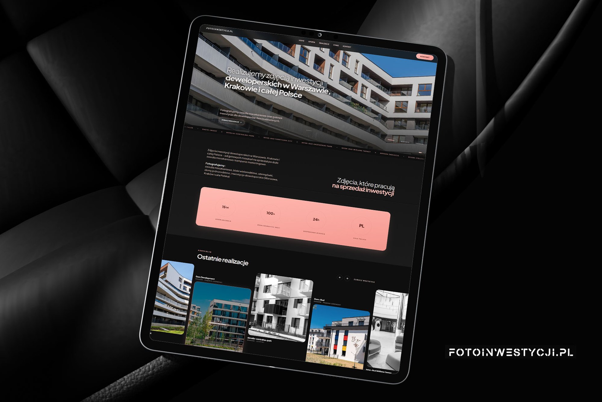 Strona Fotoinwestycji.pl na tablecie, pełny układ z sekcją ostatnich realizacji