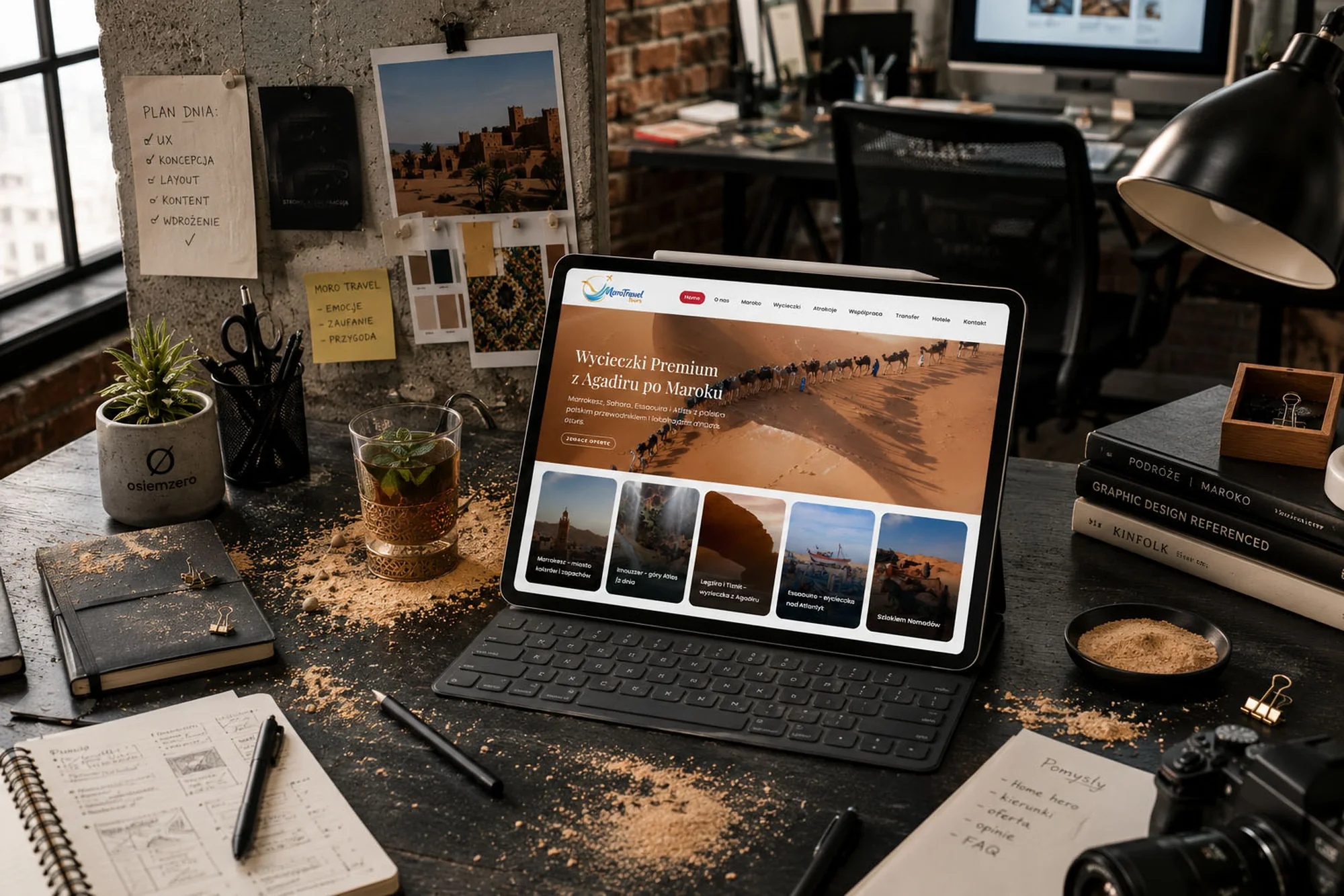 Strona MoroTravel Tours na tablecie, na biurku studia OSIEMZERO z moodboardem projektu