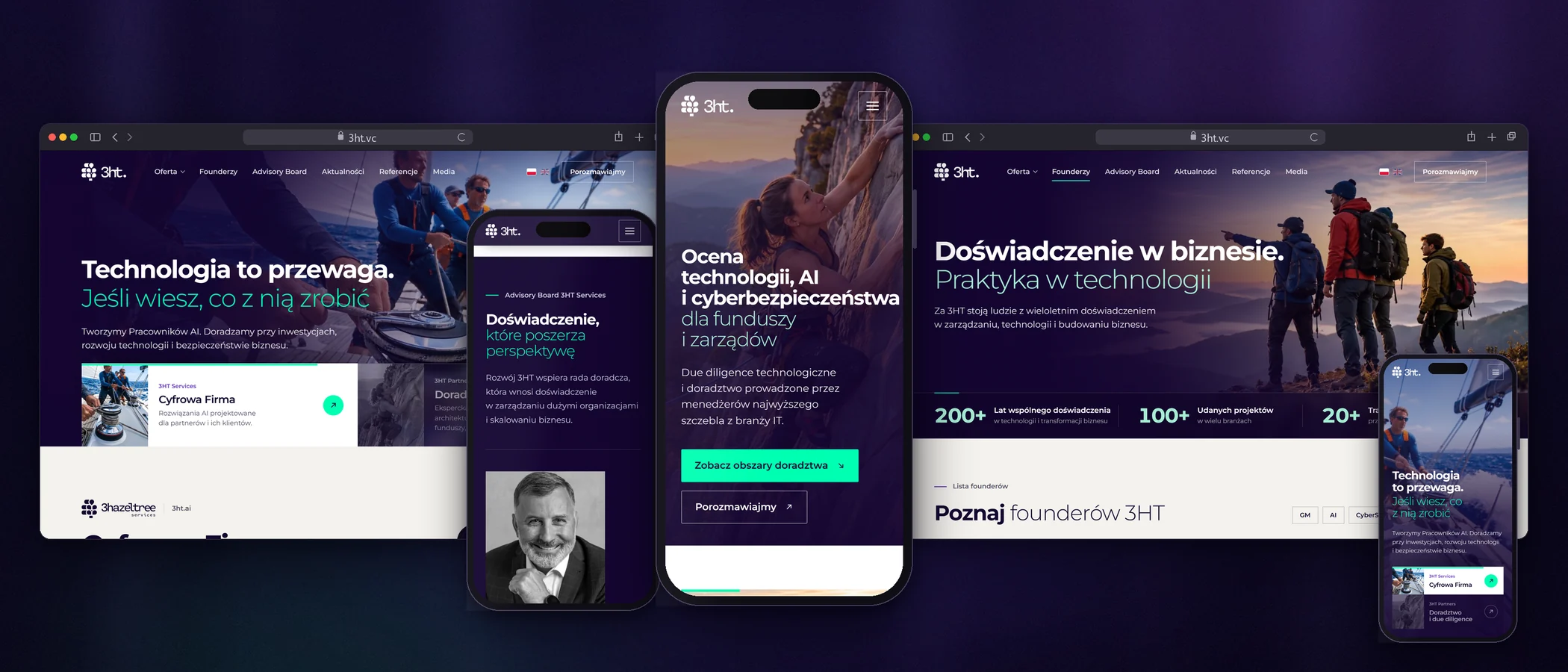 Strona 3ht.vc w dwóch oknach przeglądarki i na trzech telefonach, projekt OSIEMZERO