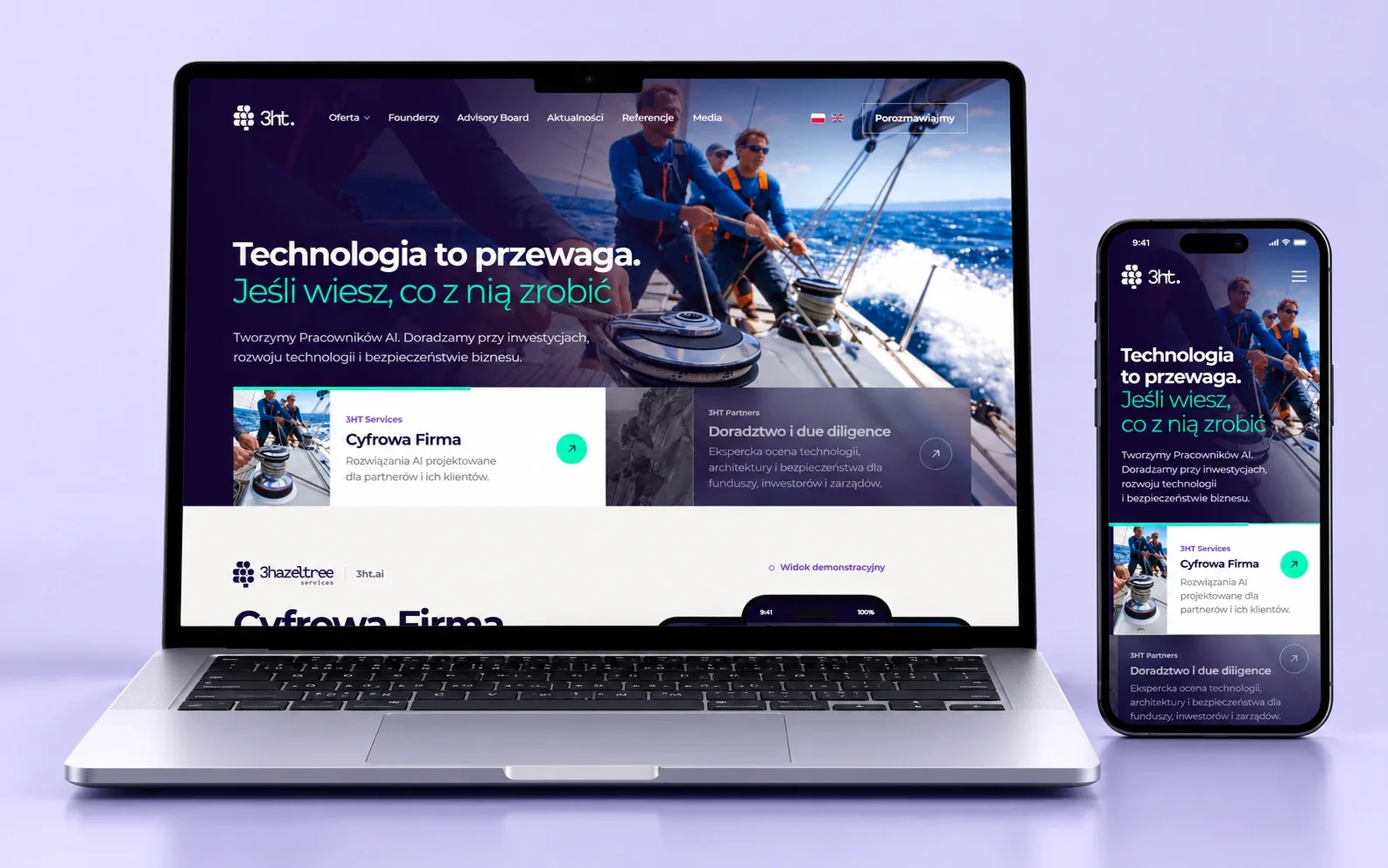 Strona 3ht.vc na laptopie i telefonie: pierwszy ekran z hasłem Technologia to przewaga, projekt OSIEMZERO