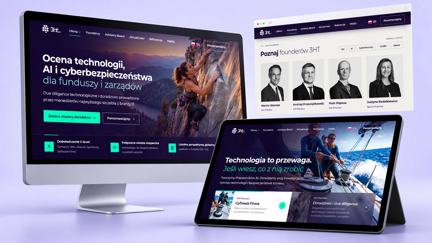 Strona 3ht.vc na monitorze, tablecie i w oknie przeglądarki: doradztwo, strona główna i lista founderów