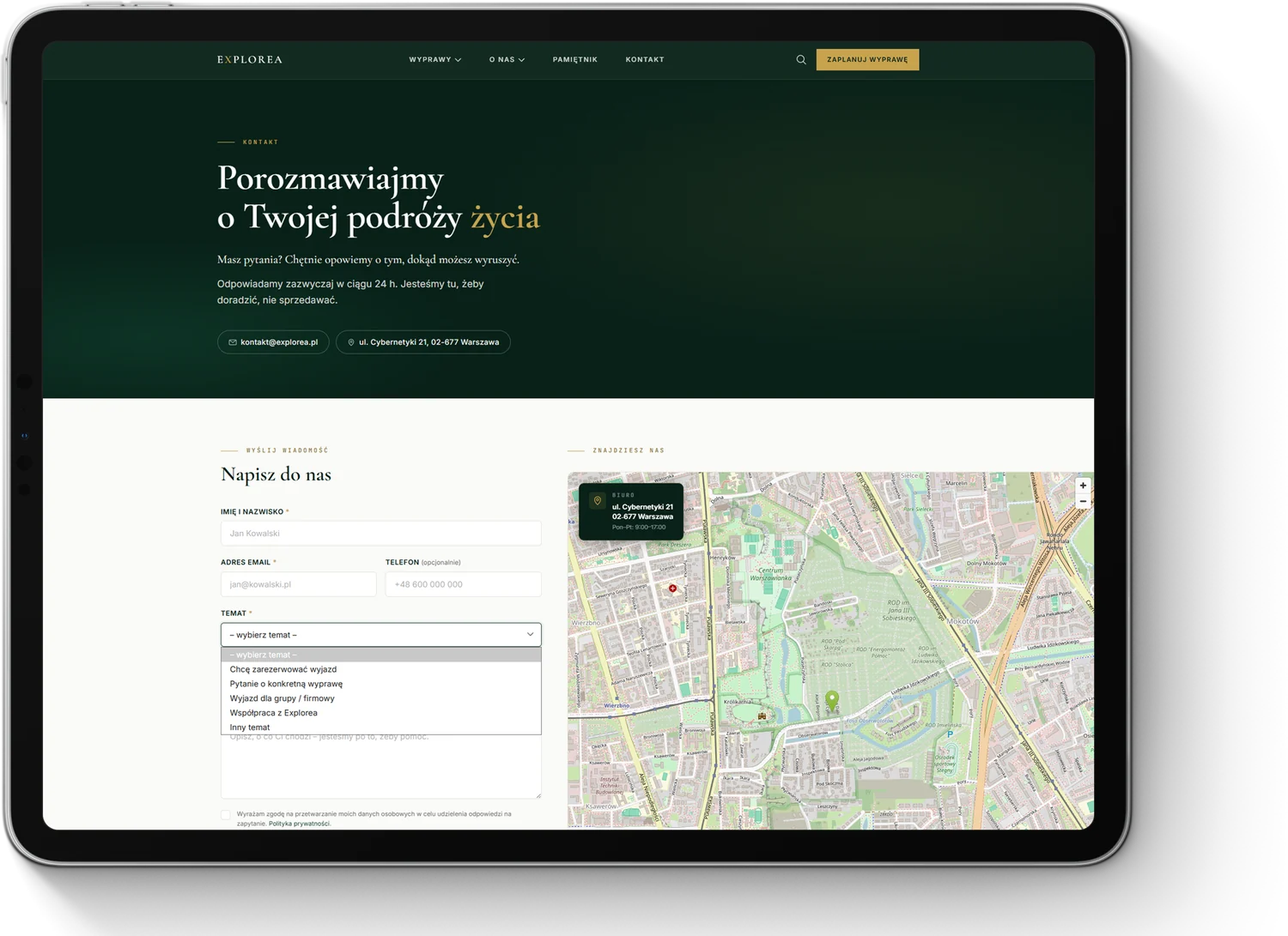 Strona kontaktu na explorea.pl, formularz z wyborem tematu i mapa biura