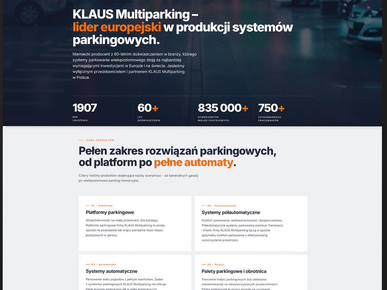 Podstrona producenta KLAUS Multiparking z gamą produktów