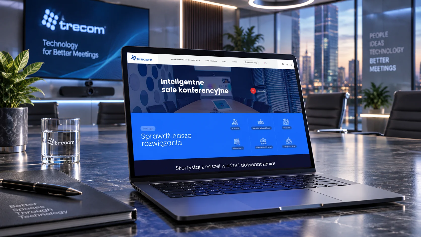 Nowy serwis Trecom na laptopie w sali konferencyjnej
