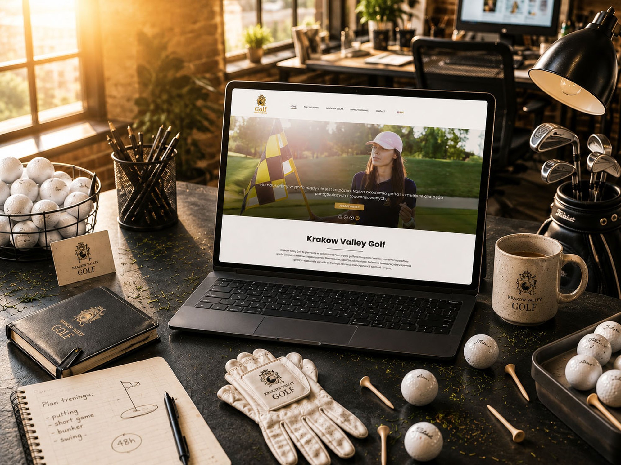 Strona golf.krakow.pl na laptopie, na biurku studia OSIEMZERO z piłkami, rękawiczką i torbą golfową