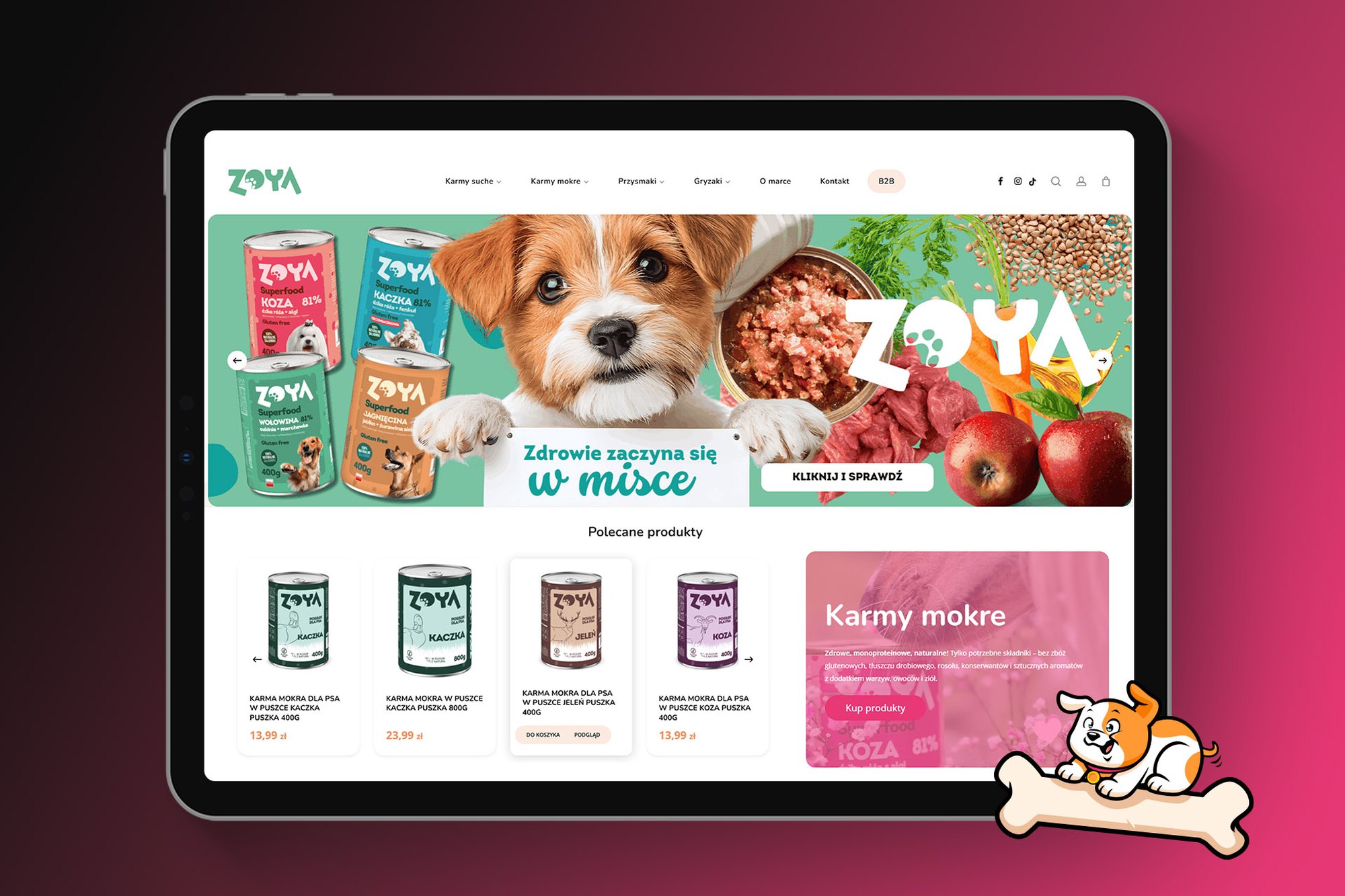 Sklep zoyapoland.pl na tablecie, strona główna z banerem i polecanymi produktami